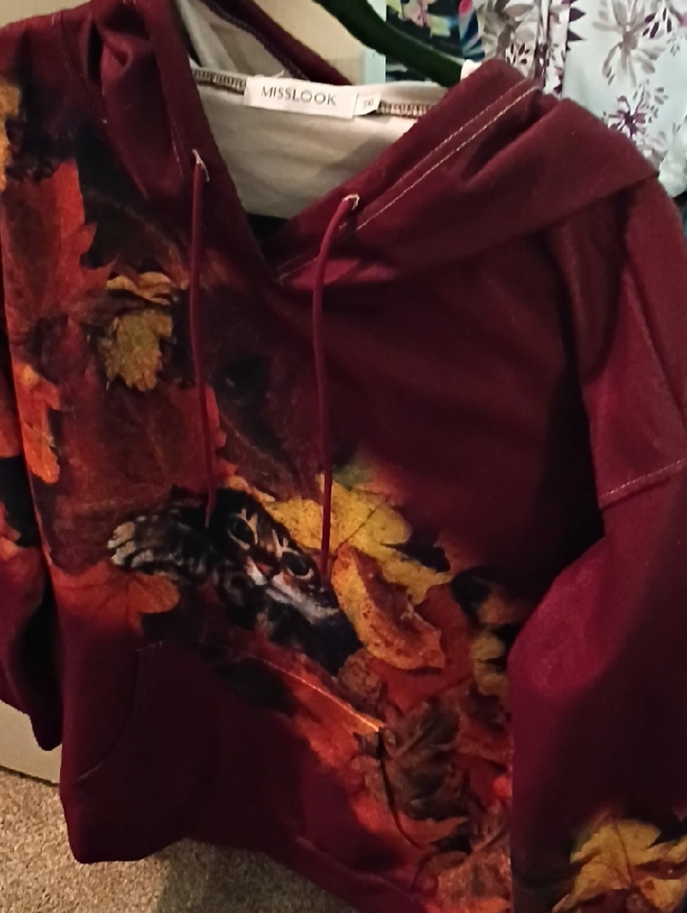 Misslook Burgundy Hoodie with Autumn Leaf & Cat Print